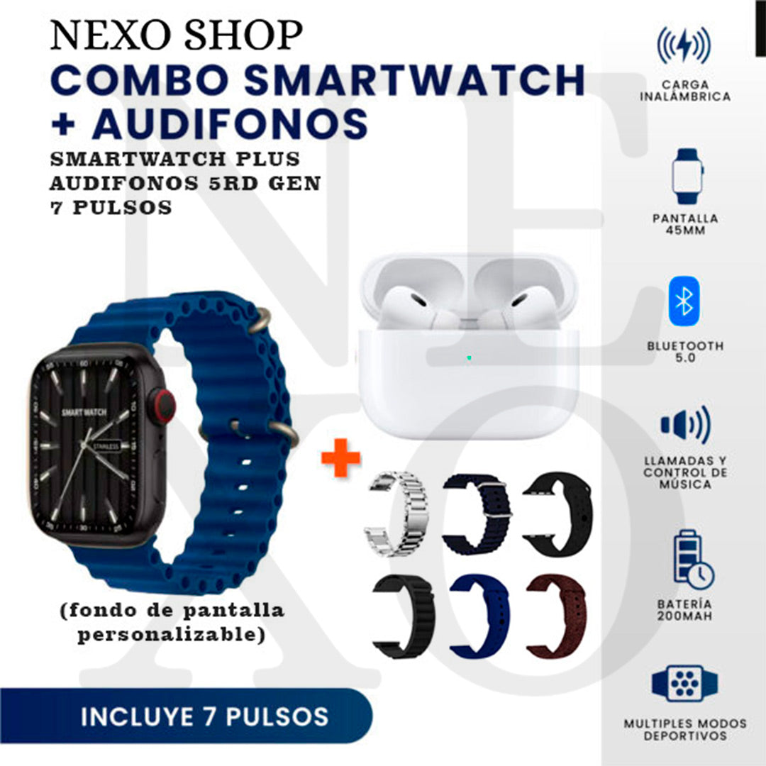 Smartwatch Plus + Audifonos + 7 Correas
