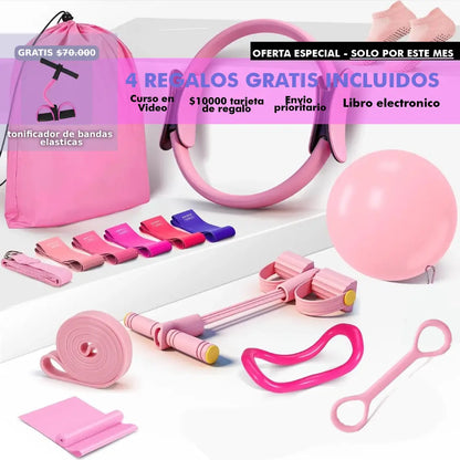 Super Kit Pilates de 14 piezas+ Tonificador elástico con pedales + curso en video